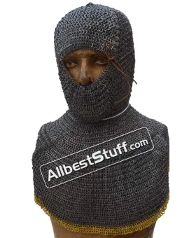 13th Century Hood Flat Riveted Solid Ring Chainmail Coif